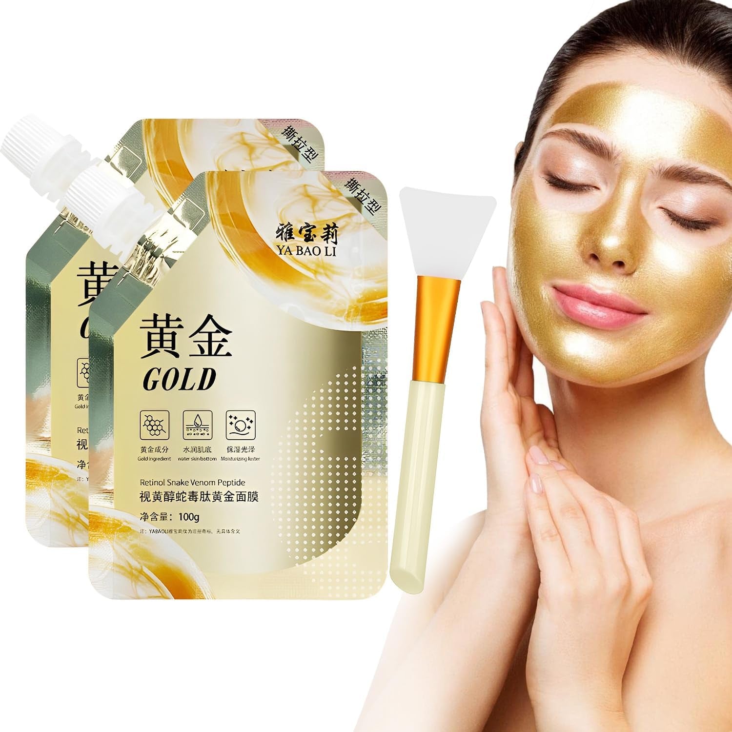 Retinol Snake Venom Gold Mask with Silicon Brush,Retinol Snake Venom Peptide Gold Mask,Collagen Peel off Facial Mask, Anti-Aging Face Mask for Clean Moisturizing,Hydrating Mask (2PCS)